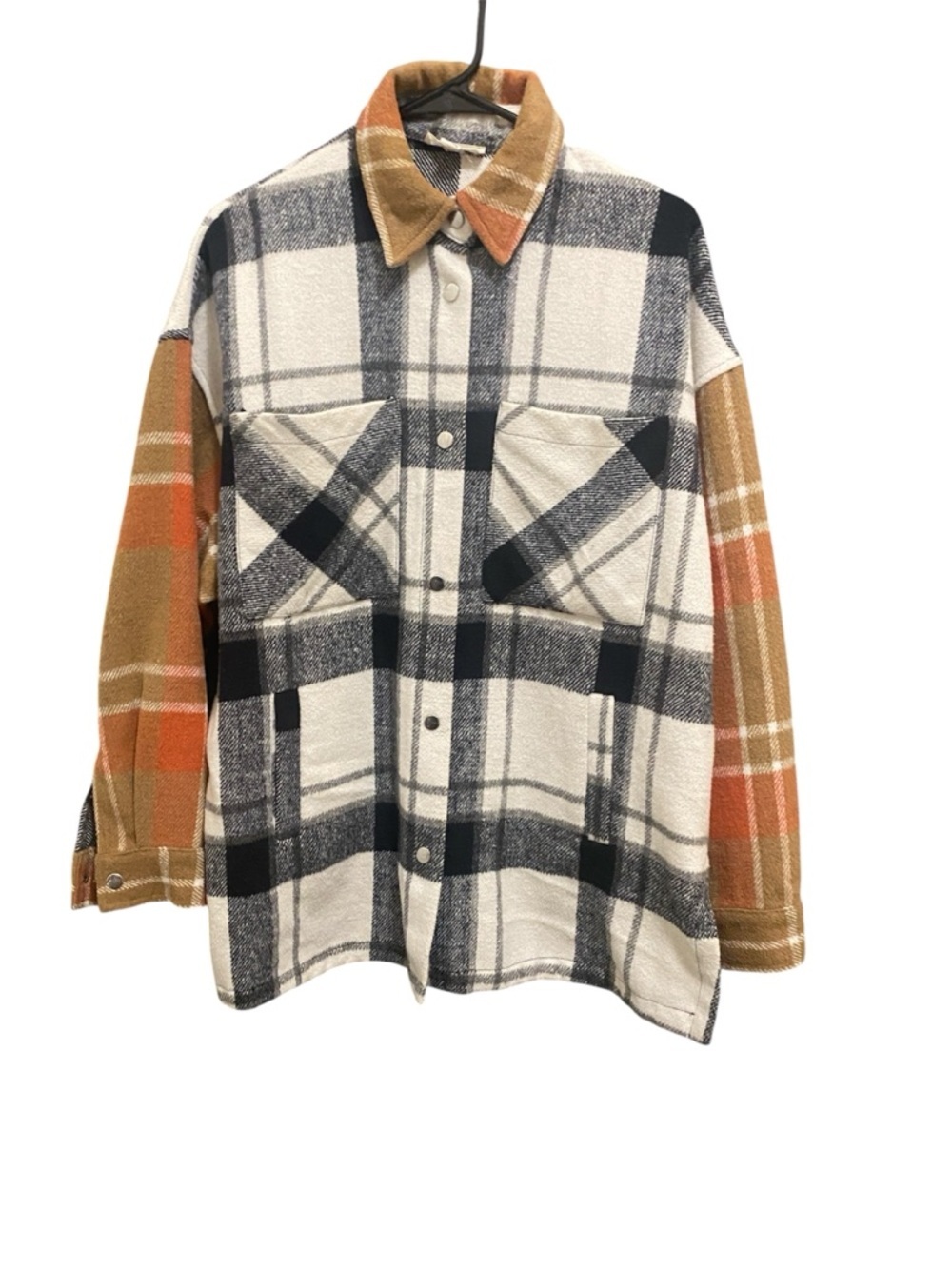 Fashion on Earth Plaid Button-Up Shacket Jacket in Black, White & Brown medium